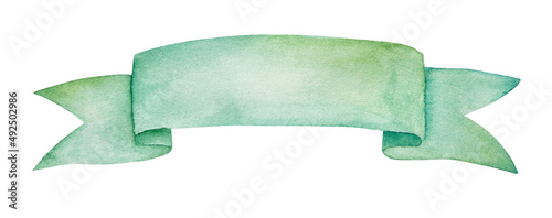 Green Watercolor ribbon banner with copy space. Cutout element for St. Patricks day design photo