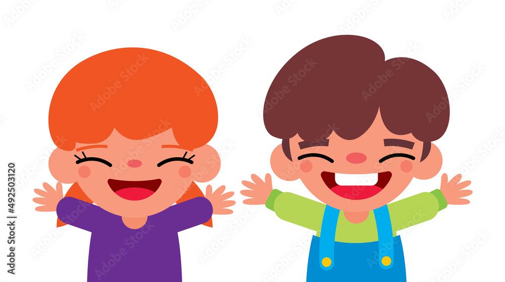 Happy Children's day. Cartoon cute and laughing children open arm poses. Vector character flat design Happy Children's day. Cartoon cute and laughing children open arm poses. Vector character flat design