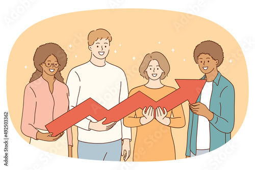 Smiling diverse people hold arrow facing up show work development and shared success. Happy multiracial employees deneonstarte good result or teamwork. Collaboration concept. Vector illustration. 