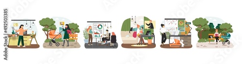 Busy mother lifestyle scene set, vector illustration. Business woman taking care of baby and working from home.