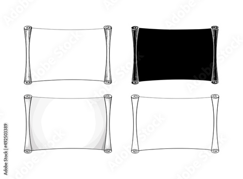 Ancient horizontal paper banner with place for text, ancient scroll shape, sketch, silhouette, engraving. Set of hand drawn illustration for vintage design, vector hand drawing, flat design, sketch.
