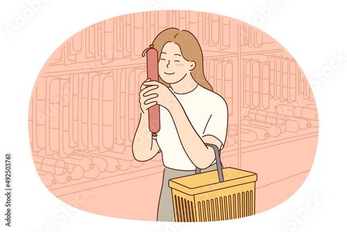 Happy young woman grocery shopping in supermarket hold in hands hug salami sausage. Smiling girl buy products in shop excited with meat choice. Gourmet lifestyle. Vector illustration. 