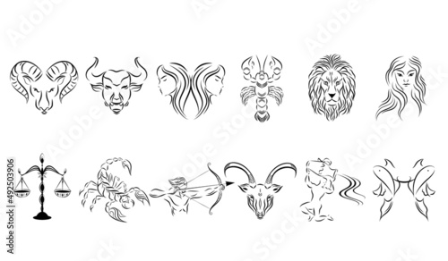 Zodiac signs.a set of vector illustrations.Black silhouette of aries.taurus,gemini,cancer,leo,virgo,libra,scorpio.sagittarius,capricorn,aquarius,pisces isolated on a white background.