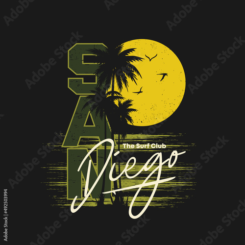 Vector illustration on the theme of surfing and surf in san diego  Beach. Sport typography, t-shirt graphics, print, poster, banner, flyer, postcard photo
