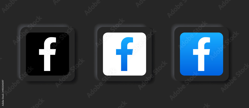 facebook logo icon in blue square button and black neumorphism buttons ...