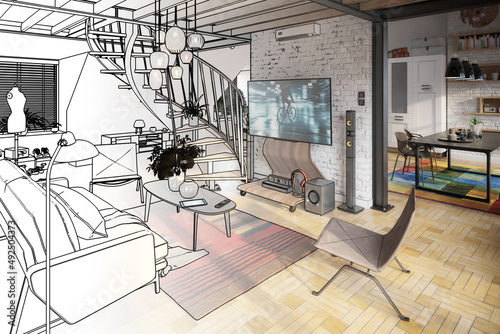 Attic Loft Conversion With Spiral Staircase & Living Room (drawing) - 3d visualization photo