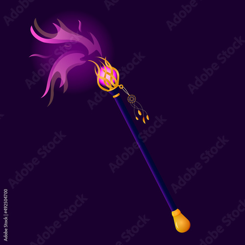A sorcerer's magic staff with a glow effect. The magician's scepter is isolated on a dark background. Cartoon wizard staff. Vector enchanter equipment.
