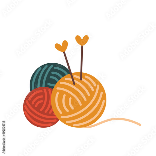 Colorful balls of yarn with knitting needles. Vector flat illustration, isolated, cartoon.