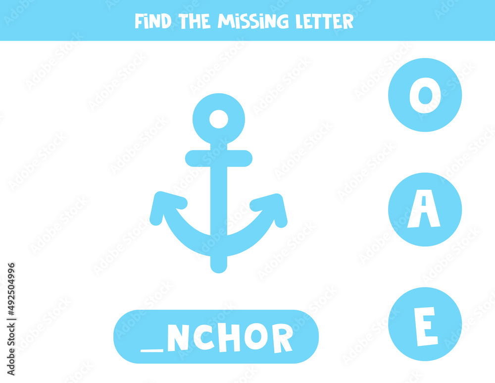 Find missing letter with vector anchor. Spelling worksheet. Find missing letter with vector anchor. Spelling worksheet.