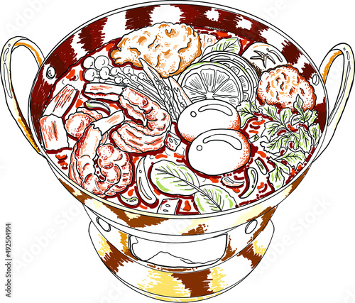 Traditional Thai food for printing on wallpaper.Vector of Tom yum kung soup illustration.Asian food.Hand drawn asian food on white isolated background.Thai food recipe instant pot illustration.