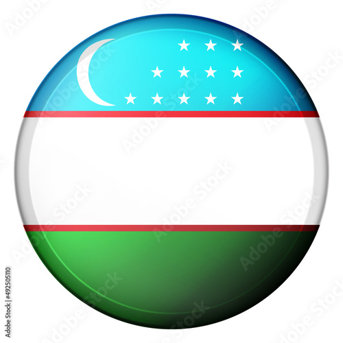Round icon with flag of Uzbekistan. Glass light ball, sticker, sphere. Uzbek national symbol. Glossy realistic ball, 3D abstract vector illustration. Template big bubble