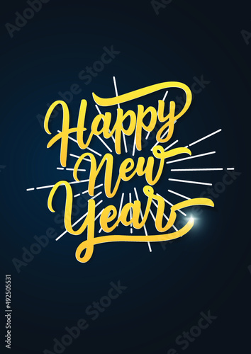 Happy New Year. Lettering text for Happy New Year or Merry Christmas. Holiday background with golden sunburst line rays. Greeting card, poster, banner. Vector Illustration