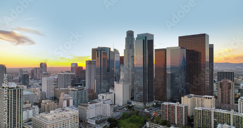 Los Angels downtown skyline, panoramic city skyscrapers, business center office building.
