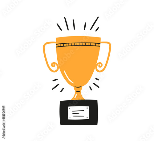 Doodle champion trophy cup of winner. Hand drawn award decorative icon. Sport prize trophy. Vector illustration isolated on white background.