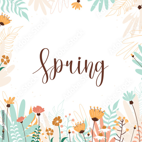 Spring. Floral white vector banner with blue and pink flowers