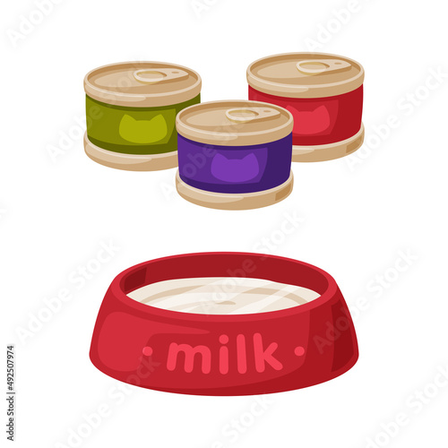 Tin cans of pet food and bowl of milk. Supplies for domestic animals set cartoon vector illustration