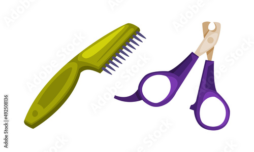 Pet nail clippers and brush. Care supplies for domestic animals set cartoon vector illustration
