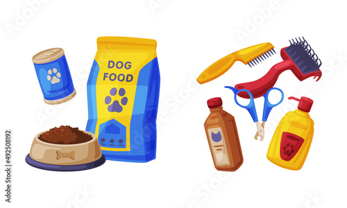 Pet animals stuff. Cat and dog food, cosmetic and accessories set cartoon vector illustration