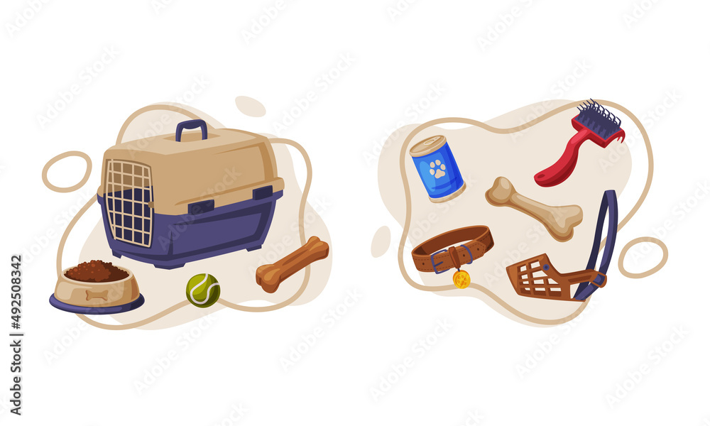Pet animals stuff. Cat and dog supplies and accessories set cartoon vector illustration Pet animals stuff. Cat and dog supplies and accessories set cartoon vector illustration