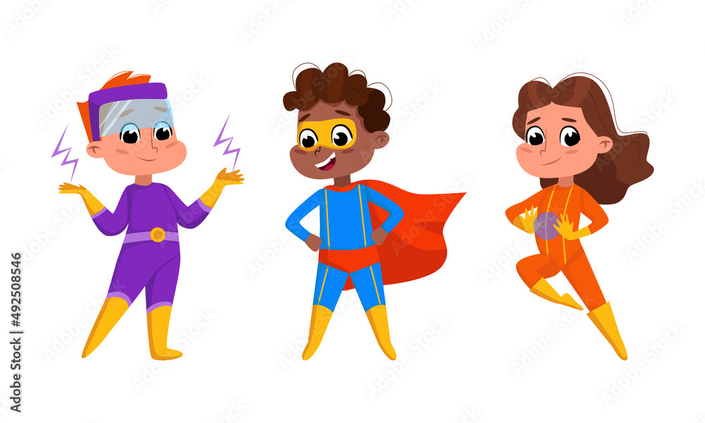 Kids superheroes set. Brave boy and girl wearing colorful comics costumes  cartoon vector illustration Stock Vector | Adobe Stock