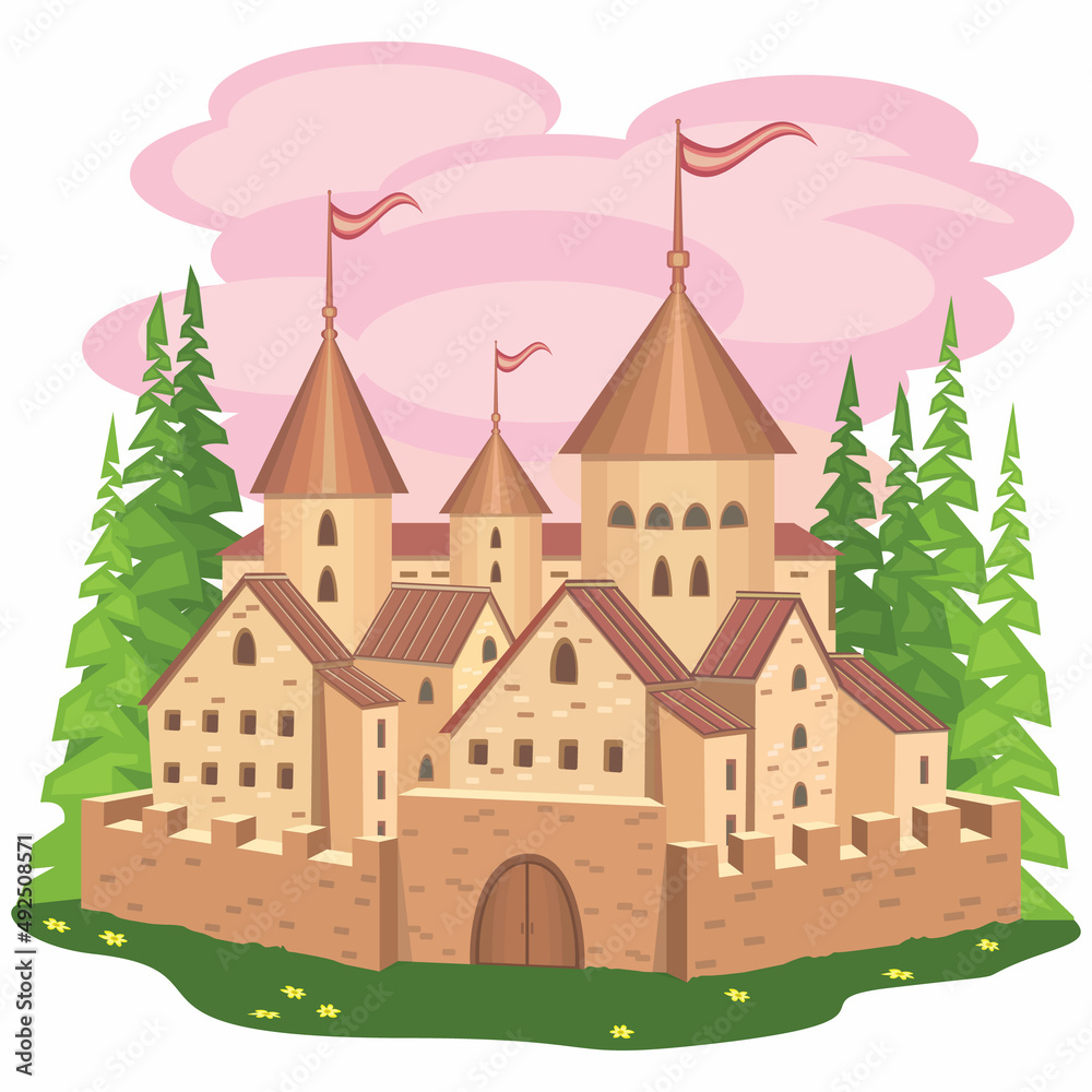 Fairytale medieval castle, cartoon style, flat vector illustration.