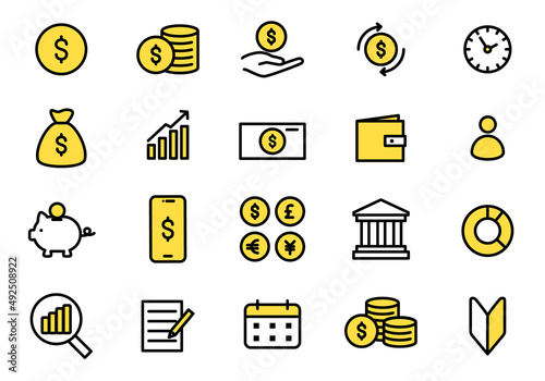 ビジネスや投資などのお金に関わるベクターイラストのアイコンセット(フラット)