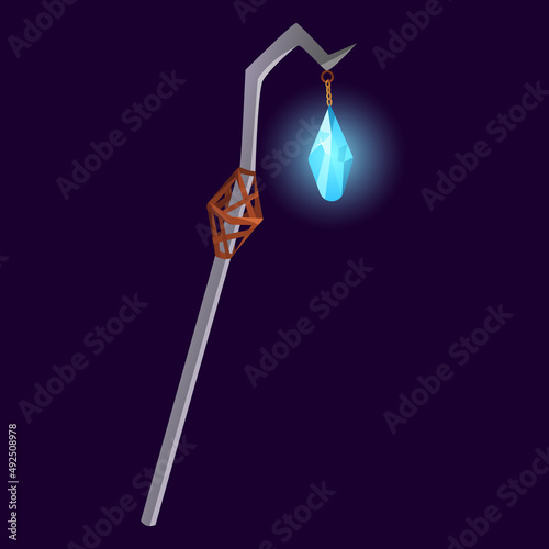 A sorcerer's magic staff with a glow effect. The magician's scepter is isolated on a dark background. Cartoon metal wizard staff. Vector enchanter equipment for games.