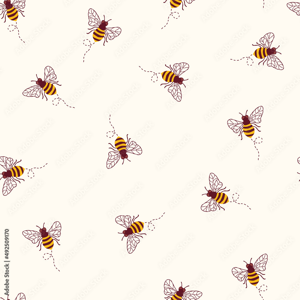 Bees seamless vector pattern. Repeating background with bumblebees on a ...