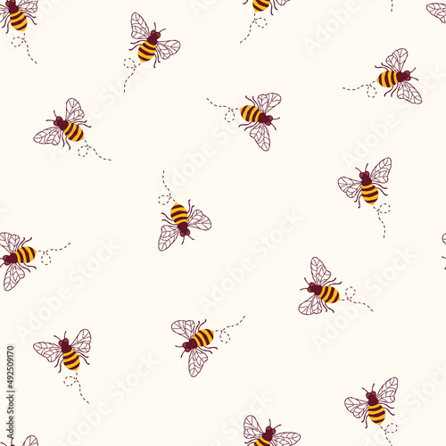 Bees seamless vector pattern. Repeating background with bumblebees on a white beige background. Summer animal backdrop. Use for fabric, wallpaper, wrapping, packaging.