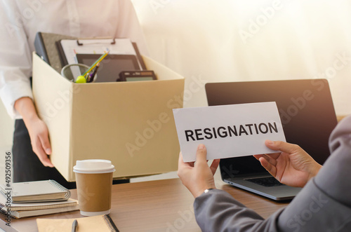 Resignation Employees holding personal boxes and bosses holding resignation letters. Resignation from work. Big resignation.