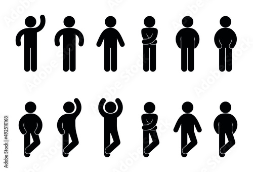 man icon, collection of human silhouettes in various poses, people waving their hands, isolated vector pictograms
