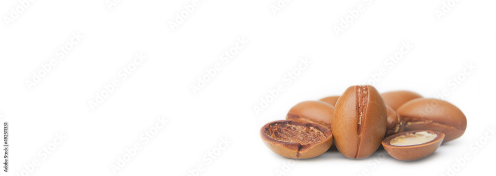 Argan seeds isolated on a white background. Argan oil nuts with plant. Cosmetics and natural oils background. Argan seeds isolated on a white background. Argan oil nuts with plant. Cosmetics and natural oils background.