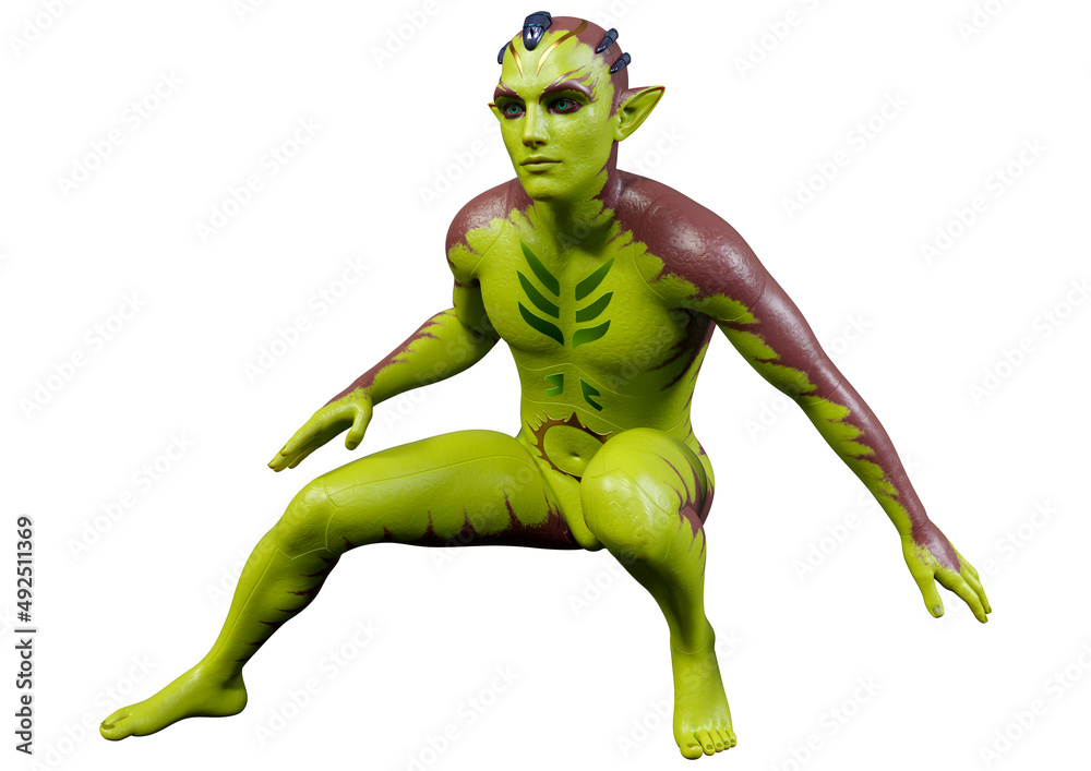 3D Rendering Green Alien on White 3D Rendering Green Alien on White