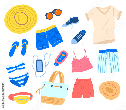 Cartoon Color Summer Travel Stuff and Beach Clothes Icon Set Include of Bag, Hat and Sunglasses. Vector illustration