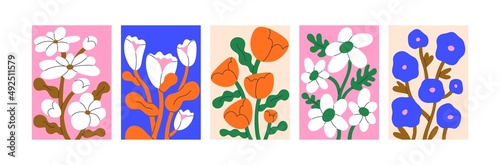 Posters with abstract flowers. Matisse-inspired floral paintings set. Trendy contemporary wall art. Vertical placards for interior design and decor. Modern artworks. Colored flat vector illustrations