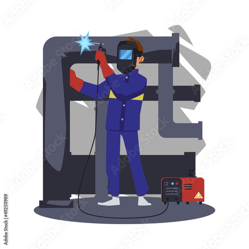 Welder for pipeline and metallurgical industry flat vector illustration isolated.