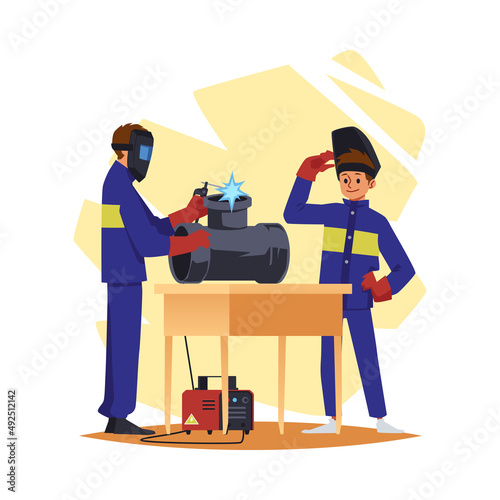 Welders weld a large pipeline assembly or turbine, vector illustration isolated.