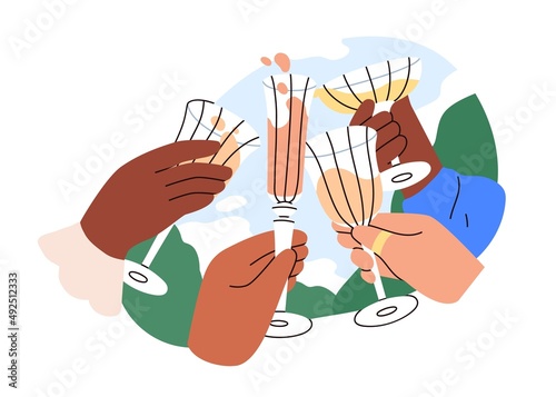 Hands with alcohol drinks cheer and celebrate holiday with toasts. Diverse friends arms holding glasses with wine, champagne and cocktail. Flat graphic vector illustration isolated on white background