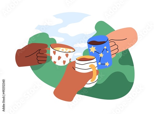 Friends hands cheering with tea mugs and celebrating holiday. Diverse arms holding cups for congratulations on summer picnic in nature. Flat graphic vector illustration isolated on white background