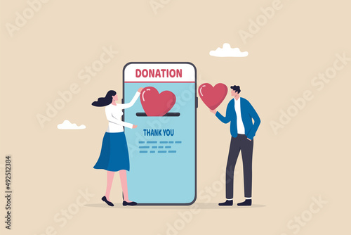 Charity donation, donate online with care to help and support people, giving money or volunteer, mobile social app to help other people concept, man and woman put heart shape into mobile donation app.