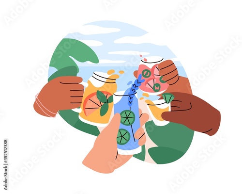 Group of friends hands cheering with cocktails and celebrating holiday, congr...