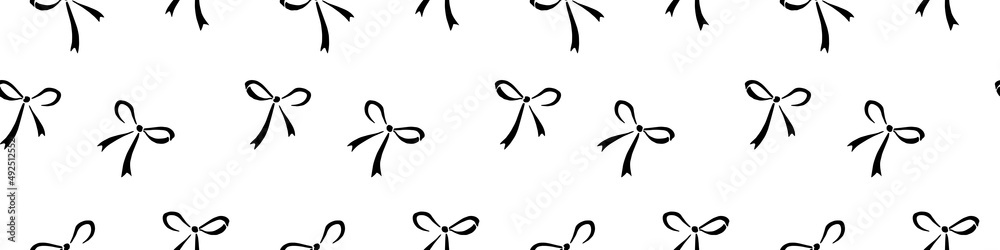Seamless pattern with small black flat bows, ribbons. Cute fun simple abstract vector background, texture for fabric, wrapping paper, girls design