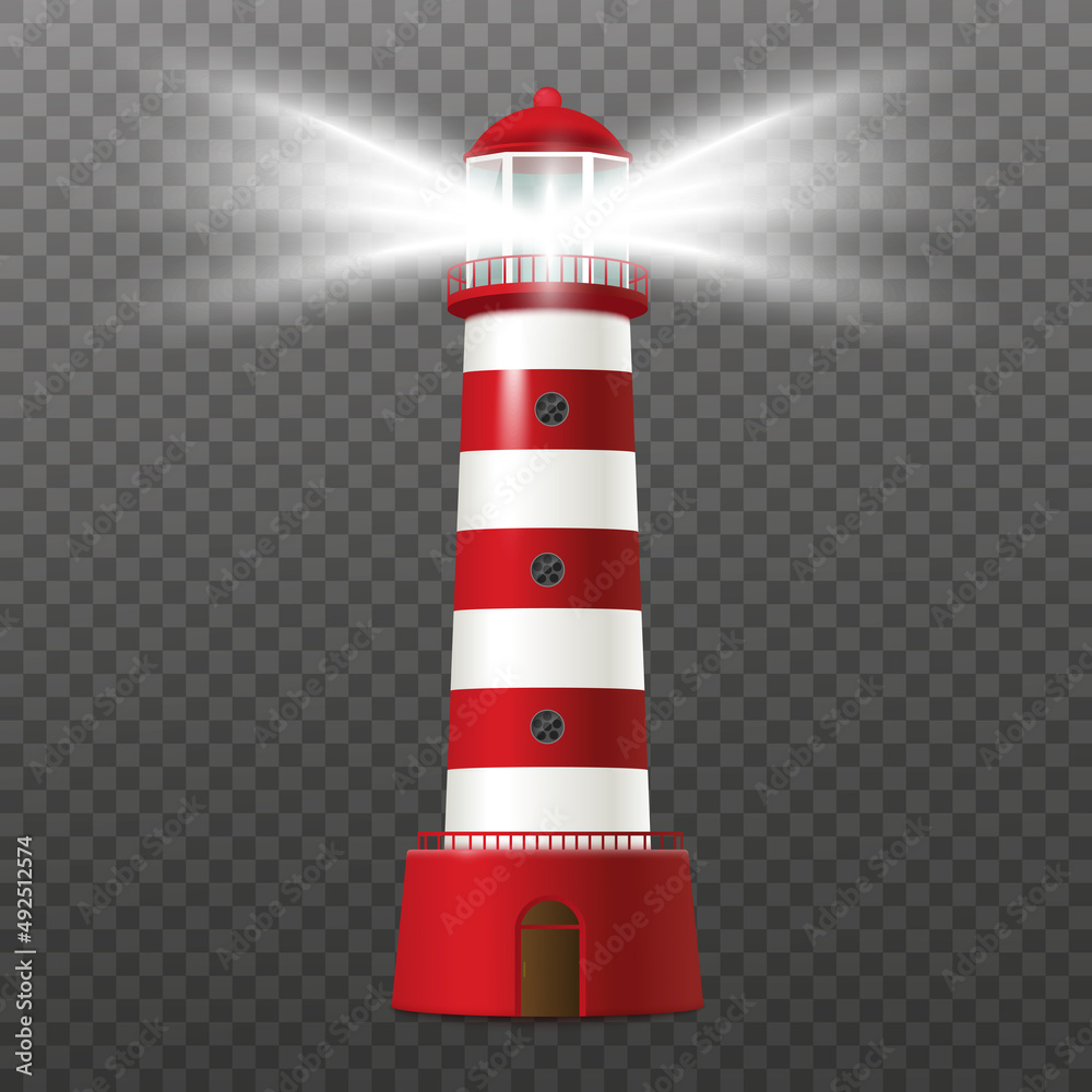 Striped lighthouse tower with light for navigation vector illustration isolated.