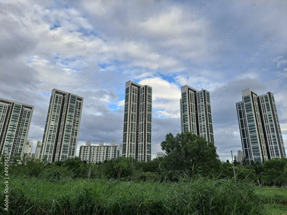 High rise downtown apartments in riverside at the sunset in Seoul, South Korea High rise downtown apartments in riverside at the sunset in Seoul, South Korea
