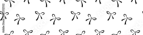 Seamless pattern with small black flat bows, ribbons. Cute fun simple abstract vector background, texture for fabric, wrapping paper, girls design