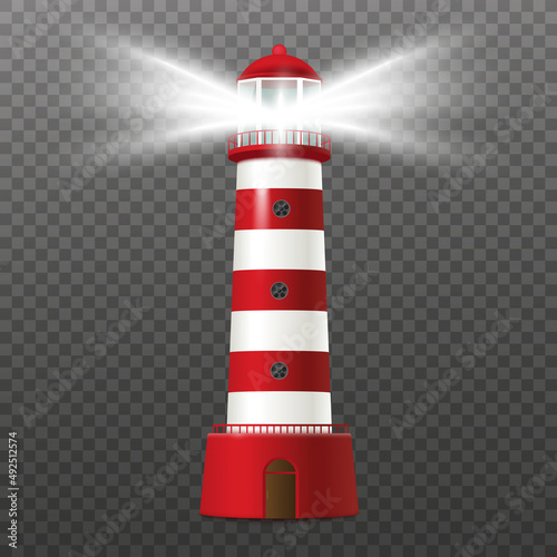 Striped lighthouse tower with light for navigation vector illustration isolated.