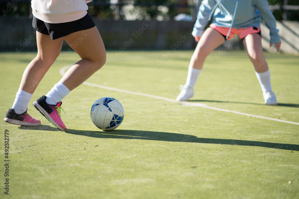 Sporty girls passing football ball on green field. Two young girls in sportswear playing football together, running fast and professionally kicking ball. Healthy lifestyle and womens football concept Sporty girls passing football ball on green field. Two young girls in sportswear playing football together, running fast and professionally kicking ball. Healthy lifestyle and womens football concept