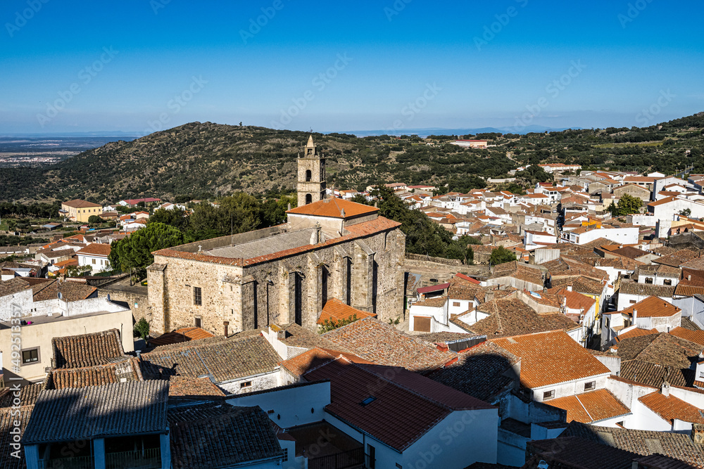 Montanchez with the church of St Matthew, San Mateo in Extremadura. Spain.