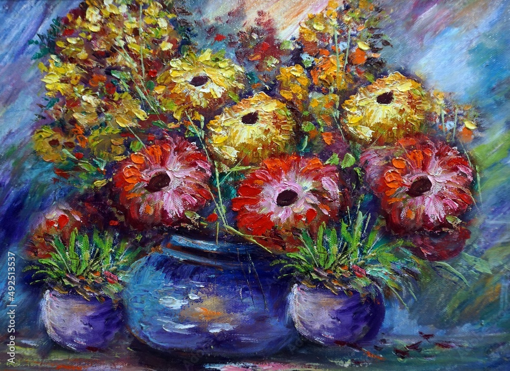 Art painting Hand drawn Oil color flowers in vase from Thailand