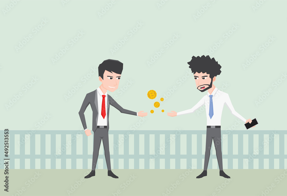 An illustration of two businessman doing transaction with crypto coin An illustration of two businessman doing transaction with crypto coin